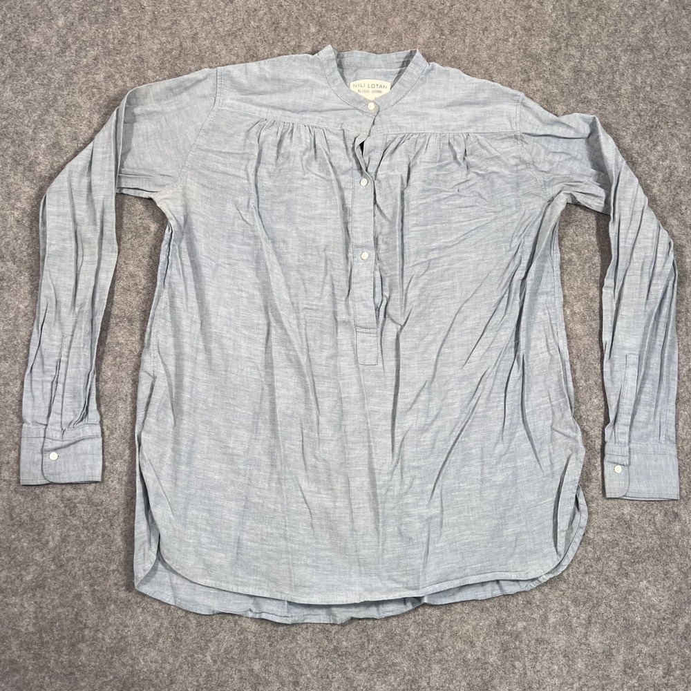 Nili Lotan Blue Chambray Cotton Neville Ruched Henley Top Women's Size XS